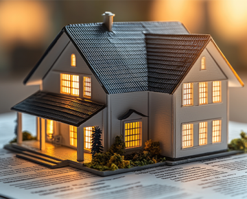 house model on top of papers with lit windows